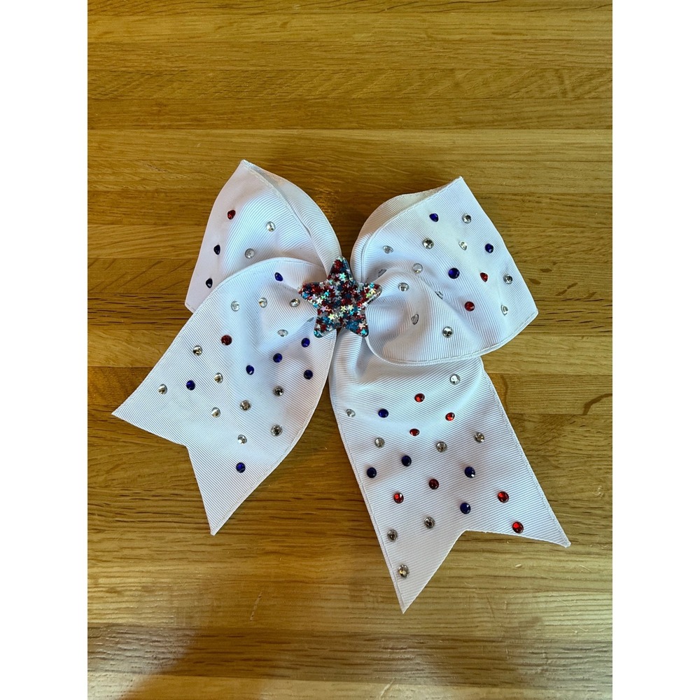 H.E.R. LED Patriotic Cheer Bow Red White Blue Rhinestone Star Light Up Hair Bow